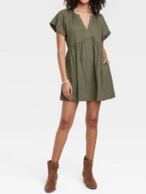 Universal Thread Olive Green V-Neck Linen Mini Dress